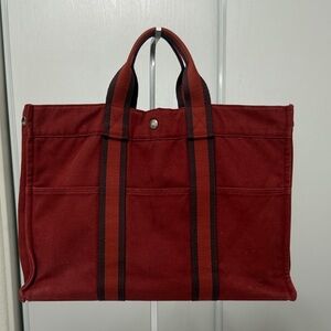 Hermes Red Canvas Tote with Striped Handles
